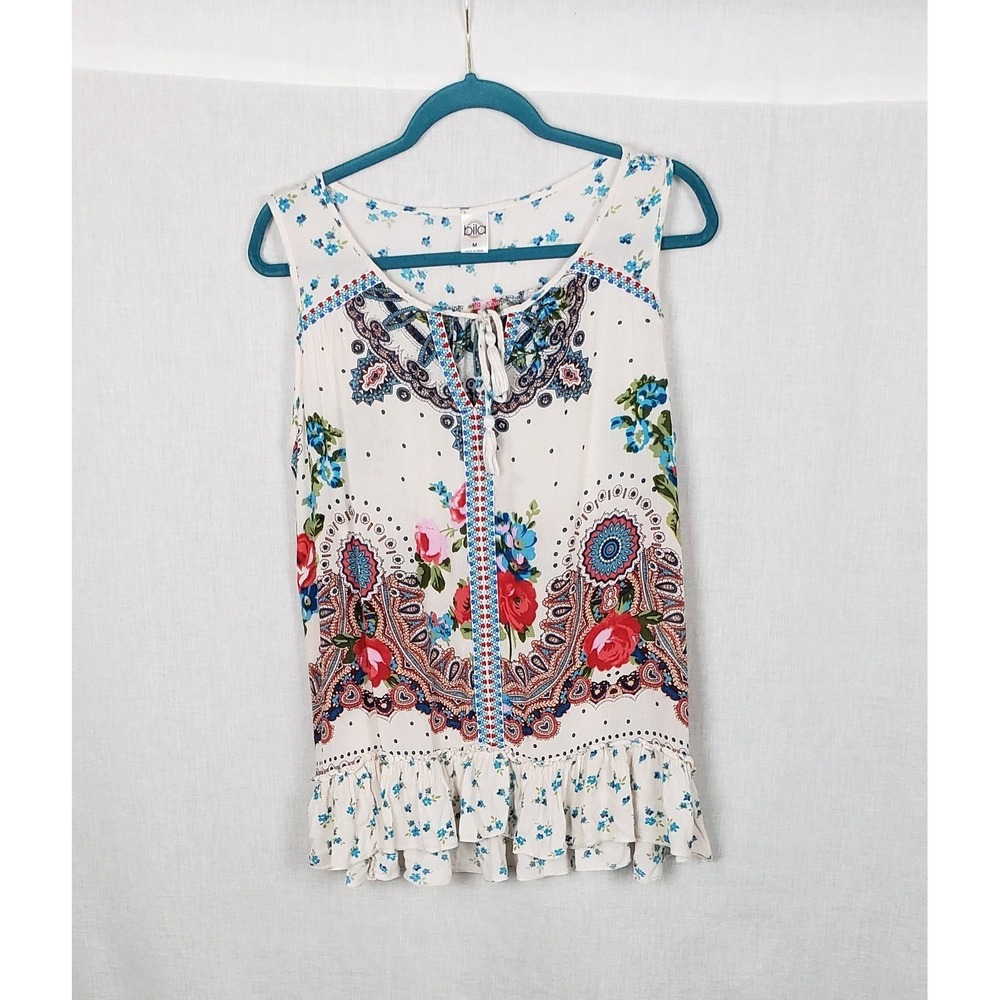 Bila Floral Paisley Boho‎ Tassel Tie Neck Peplum Hem Sleeveless Top M Festival